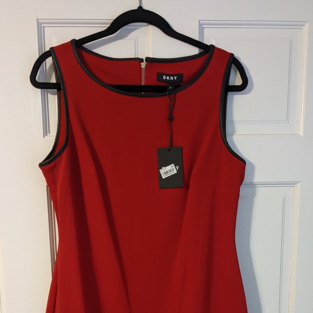 DKNY Women's Red Faux Leather Trim Knee-Length Flounce Sheath Dress, Size 12